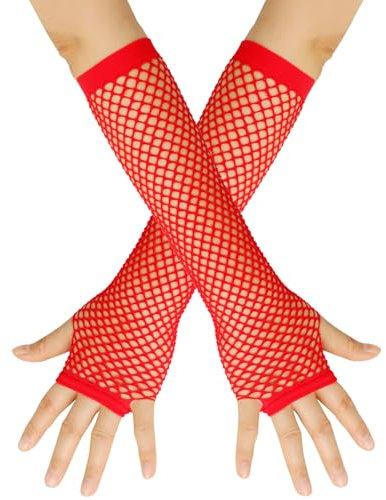 Genérico Guantes Largos de Rejilla para Mujer, Guantes de Red Sin Dedos Guantes de Malla Guantes de Mano Punk Accesorio de Disfraces para Bares, Disco, Carnaval, Fiesta Temática (Rojo)