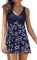 SHEKINI Women's Swimdress One Piece V Neck Swimming Costume Splice Printed Mesh Soft Cup Padded Elegant Bathing Suit Tummy Control with Boyshort, Blue+Flower, X-Large