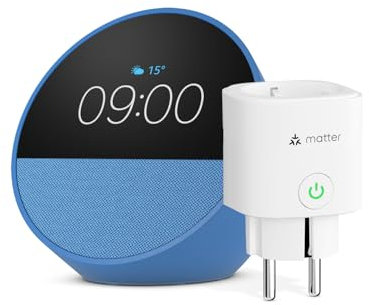 Echo Spot | Blau + Meross Matter Smart Steckdosen, Funktionert mit Alexa - Smart Home-Einsteigerpaket