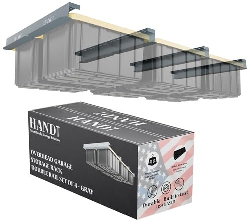HANDT Überkopf-Garagen-Aufbewahrungsregal, anschließbare, robuste Metall-Deckenschienen für Garage, Aufbewahrung, Organisation, Regalsystem, unterstützt bis zu 6 Behälter, 4 Sets, Grau