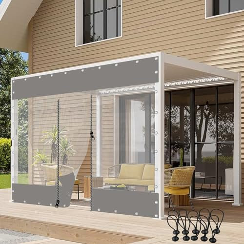 Rideaux d'extérieur transparents imperméables pour tonnelle avec porte zippée 0,6 mm Bâche en plastique PVC pour pergola, terrasse, gris, 7 x 3 m
