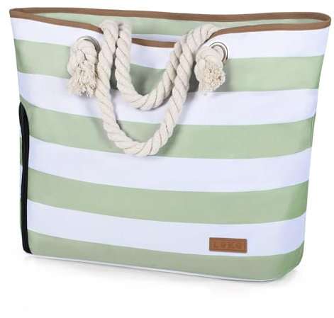 Lekespring Strandtasche Damen Groß mit Reißverschluss, Badetasche XXL Familie Saunatasche Reisetasche Beach Tote Bag für Strand Reisen Einkaufen u.Sport (Grüne Gestreift)