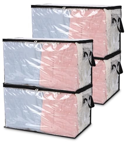Cexovo Clair Sacs de Rangement pour Vêtements 4 Pièces Sac de Rangement Transparent 60L Sac Rangement Vetement en PVC avec Poignées pour Déménagement Vêtements et Jouets