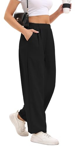 DGSHIRLDJO Weite Hose Damen Sommer Lässig Gerade Stoffhose Hohe Taille Lounge Elegante Business Hosen mit Taschen(XL,Schwarz)