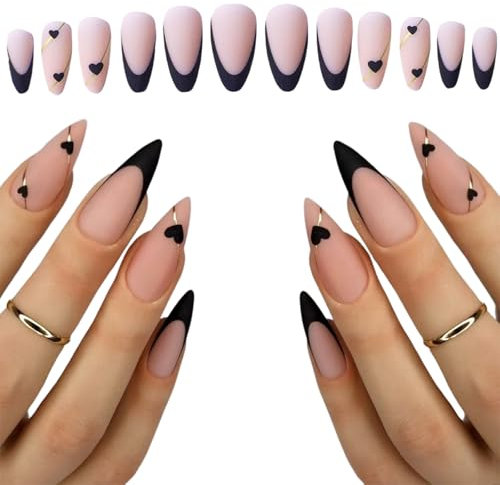 WhaleO Lot de 24 Faux Ongles Faux Ongles Gel Ongles a Coller Faux Ongles à Coller Faux Ongles Reutilisable Ongle Qui Se Colle Faux Ongles Nail Art Faux Ongles French Manucure - Coeur d'amour Noir