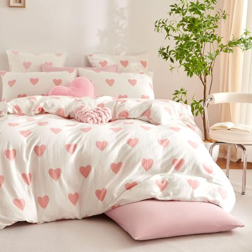 Michorinee Doppelte Musselin Bettwäsche 155x220 Baumwolle Weiß mit Rosa Herzen Muster Weiche Bettbezug Set 2 Teilig Herzchen Romantisch Bettwäsche-Sets mit Reißverschluss und 1 Kissenbezüge 80x80 cm