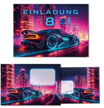 12 Einladungskarten inkl. 12 Umschläge zum 8. Kindergeburtstag Rennauto Auto Rennwagen Kinder Jungen coole bunte Einladungen achte Geburtstag Geburtstagseinladungen Kids