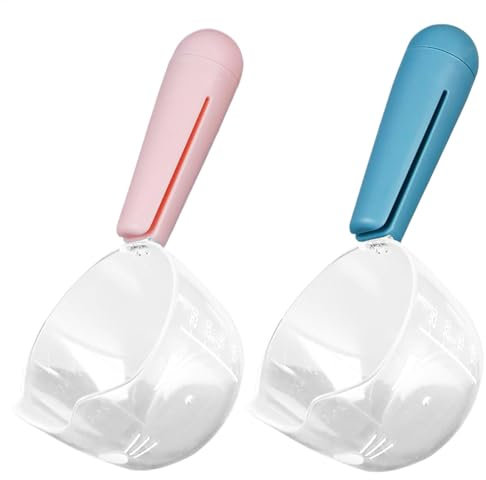 Buerfu Misurino per cibo per cani, 2 cucchiai trasparenti per cani con scala, clip di tenuta per snack, gadget da cucina multifunzionali, forniture per l'alimentazione di riso, farina, soia