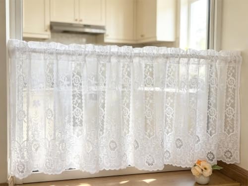 Vordesack Scheibengardine mit Blumenstickerei & Wellensaum HxB 40x120cm | Spitzengardine halbtransparent 1 Stück Weiß Fenstervorhang mit Floralmuster, Kurzgardine für Küche, Bad & Wohnzimmer
