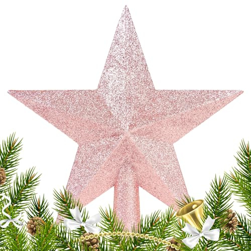 VEYLIN Christmas Tree Toppers, Glitter Christmas Tree Star Topper Top Star for Xmas Tree Decoration, Champagne Gold