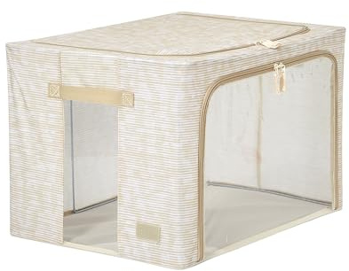 Periea ‘Beau’ Folding Collapsible Stackable Fabric Home Storage Boxes with Steel Frames (Beige Tweed, Large)