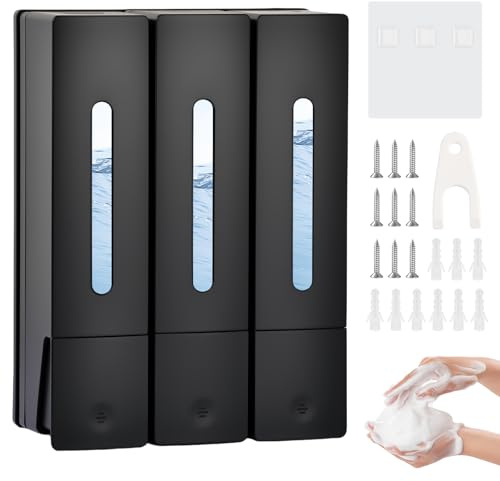 Seifenspender Wandmontage Ohne Bohren, 3 Kammern Duschspender, 3x400ml Wandseifenspender für Shampoo, Duschgel & Conditioner, Nachfüllbar Seifenspender Set für Dusche, Bad & Küche, Schwarz