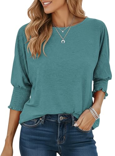 Cuptacc Damen Tshirt Basics U-Boot Ausschnitt Casual Blusen & Tuniken Für Damen Dehnbar Geraffte Stulpe Oberteile Lose Einfarbig Top Blaugrün L