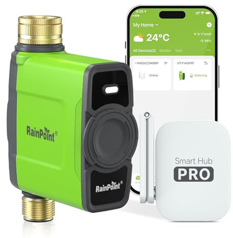RAINPOINT Bewässerungscomputer WLAN mit Messing Einlass und Auslass, Smart Bewässerungssteuerung, APP/Sprachsteuerung, Wetterbasiert, Automatisches Bewässerung für Garten Rasen, 6 Zeitplänen