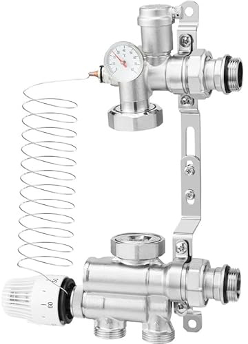 Festwertregelset für Fußbodenheizung ohne Pumpe, Festwertregelset einstellbar 20-70°C mit Mischventil Thermostatkopf Temperaturanzeige für Kollektor Zentralheizung