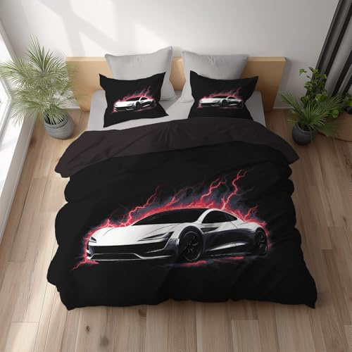 Sportwagen Bettwäsche‑Set 135 X 200 cm, Mikrofaser, 2-teilig, Blitz Geschwindigkeit Bettbezug + 1 Kissenbezug 80x80, Ultraweich Deckenbezug Reißverschluss, pflegeleicht, fürs Schlafzimmer Schwarz
