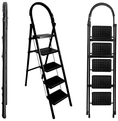 Brstheco Scala Scaletta 5 Gradini in Acciaio Al Carbonio,Scala 5 Gradini con di blocco di sicurezza,Scaletta Pieghevole Ampia pedana antiscivolo,per Scaletta Cucina Portata 150 kg,Bianco e NeroNero