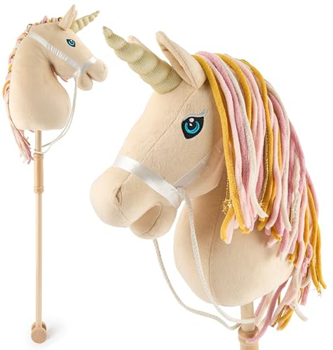 Bieco Steckenpferd Kinder Einhorn Aurora | Hobby Horse Pferde | Steckenpferd Rollen | Steckenpferd Holz Pferd Stab | Steckentier Schöne Steckenpferde für Kinder Stockpferd Kleinkind Zubehörr
