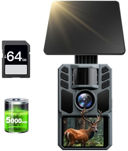 FKPCAM Wildkamera Solar 4K 64MP, Eingebaute 5000mAh Lithium-Batterie, 0.2s Auslöser Bewegungsaktiviert, Wildtierkamera mit Nachtsicht, IP67 Wasserdicht 130° Weitwinkel