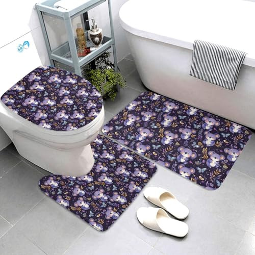Nevjipu Badezimmerteppich-Set, 3-teilig, violetter Koala-Blumendruck, saugfähig, rutschfest, waschbar, Badematten, U-Form, WC-Deckelbezug, Konturmatte, weiche Duschmatten, Badematte für WC, Badezimmer