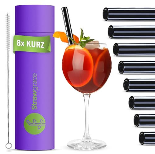 STRAWGRACE 8x Glasstrohhalme Schwarz - Länge: 15 cm - Durchmesser: 7 mm [Hochstabil] Strohhalme Glas Wiederverwendbar - Glasstrohhalme kurz - Trinkhalme Schwarz