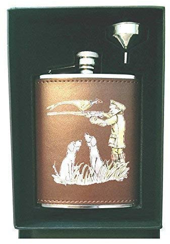 Farm Cottage Brands 6oz Brown Leather Hip flask set with funnel in a lovely presentation box featuring Were you shooting at me ? pheasant game shooting (AC14)