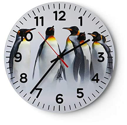 Modern Wanduhr Pinguine Winter Schnee Spaziergang 30x30cm Rund Klein Wand Uhr Glas Analog Zimmeruhren Küche Büro Wohnzimmer Glasuhr Wall Clock Dekoration Design Wanddekoration Küchenuhr C4AR30x30-2893