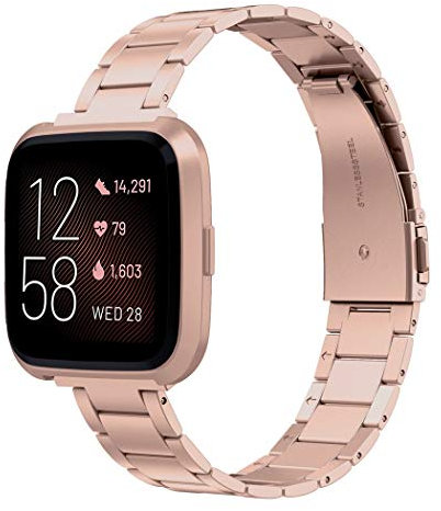 Wearlizer for Fitbit Versa Strap/Fitbit Versa 2 Straps, Stainless Steel Replacement Straps Band for Fitbit Versa Lite Men Women Small Large (Versa 2 Copper Rose)