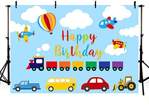 MEHOFOND 2,1 x 1,5 m Transport Junge Geburtstagsfeier Hintergrund Blauer Himmel Weiße Wolke Auto Zug Flugzeug Auto Bus LKW Alles Gute zum 1. Geburtstag Up Heißluftballon Fotografie Photo Booth Banner