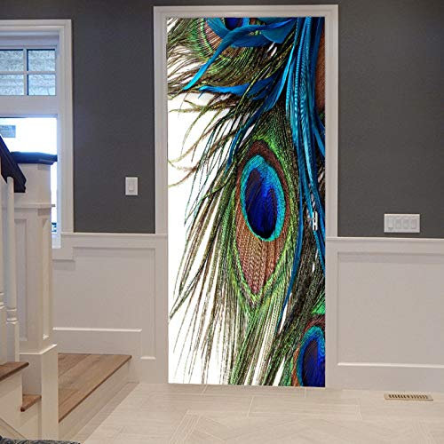 A.Monamour Türtapete Selbstklebend Türfolie Türposter 3D Pfau Schwanzfedern Mit Weißem Hintergrund Mit Augen Vogel Thema Vinyl Folie Türdeko Tapete Wandbild Türaufkleber Türtattoo 90 x 200 cm