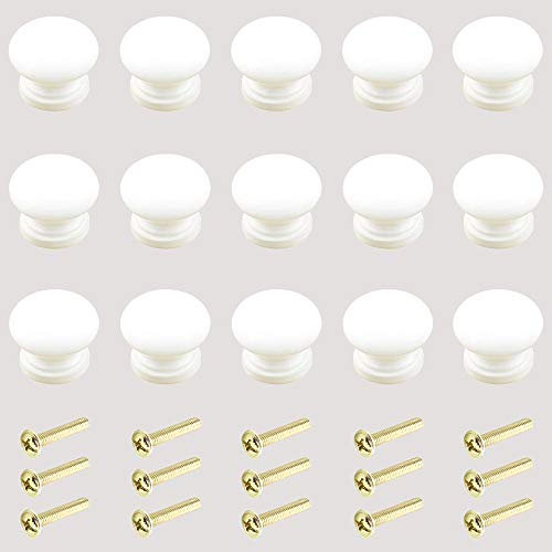 Ceqiny 15 Packs Round Wood Drawer Knob Wooden Door Handle Drawer Knob Cabinet Knobs Round Cabinet Knobs with Screws Wooden Drawer Pulls Handles Perfect Hardware for Kitchen Bathroom Bedroom, White