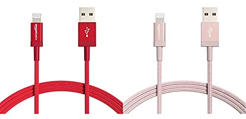 Amazon Basics Nylon Braided Lightning to USB A Cable - MFi Certified iPhone Charger, Red, 1.8 m & Nylon Braided Lightning to USB A Cable - MFi Certified iPhone Charger, Rose Gold, 1.8 m