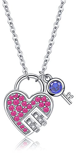 Presentski Women's Heart Necklace with Key 925 Sterling Silver Key Lock Pendant September Blue Sapphire Birthstone Infinity Love Anxiety Necklace Jewellery Gift for Women Birthday