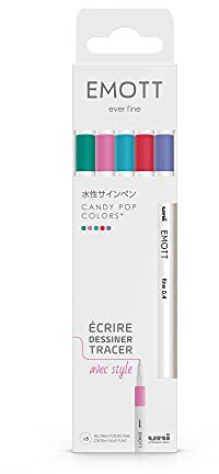 uni-ball Emott Uni Mitsubishi Pencil - Pochette de 5 Feutres Candy Pop Colors - Pour Écrire, Dessiner, Tracer avec Style ! - Pointe Fine 0,4 mm - Ultra Violet, Rose Clair, Corail, Bleu Clair, Vert