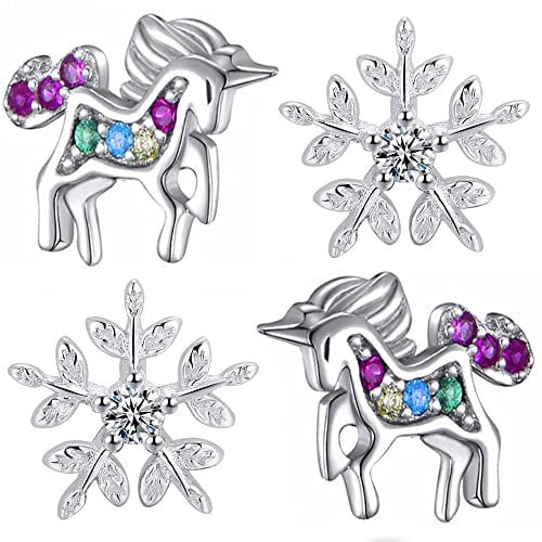 Kinder Mädchen Ohrstecker echt 925 Sterling Silber kleine Ohrringe Einhorn Pferde Stern Schneeflocke (P16 + K955)