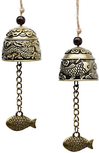 WINSDL 2 Pezzi Campanelli Eolici Feng Shui, Fengshui Campana d'Epoca Il Motivo del Pesce Drago Simboleggia Buona Fortuna Usato nella Decorazione Domestica
