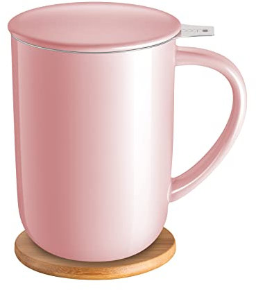 CEEFU Taza de té de porcelana con infusor y tapa, tetera con filtro y posavasos, máquina de té de hojas sueltas, 16 onzas para té, café, leche, mujeres, oficina, hogar, regalo (rosa)