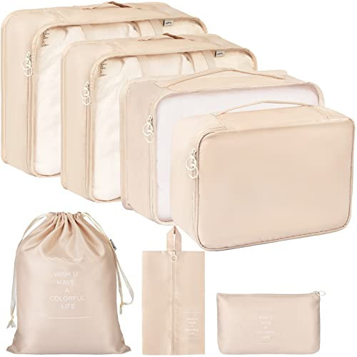FAMOMI Packwürfel 7 Set Reisewürfel für Koffer, leichte Gepäckverpackung, Organizer für Reisezubehör (creme-weiß)