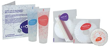 PRESENT-MORE - Hotel Gäste Set 50 Gäste Stone | Relaxing-Duft - Shampoo, Duschgel, Seife, Haube und Vanity - Für Hotel und B&B