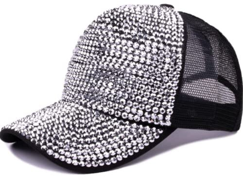 Bling Baseball Hats, Women Studded Rhinestone Crystals Adjustable Baseball Cap Sparkle Bling Denim Sun Hat (Silver Black)