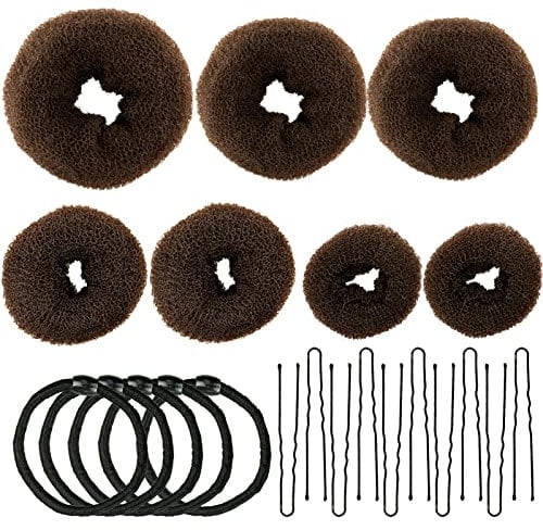 Donut bread maker, hair bun maker 7-piece brown, ring shape set, with 10 U-shaped clips, 5 elastic hair ropes.