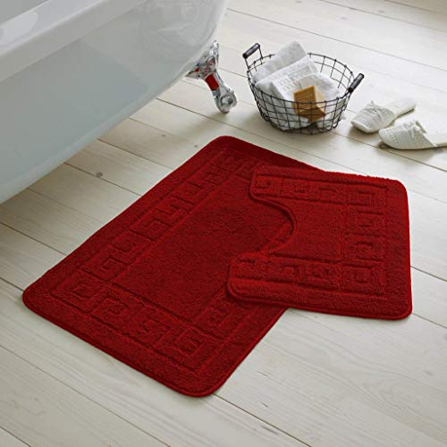 Artistic Fashionista Limited 2 Pieces GREEK Bath Mat Rugs for Bathroom - Non Slip Anti Mould Bath Mat Set - Soft - Extra Water Absorbent Pedestal Ultra Plush Bathroom Mats Toilet Shower Set (Red)
