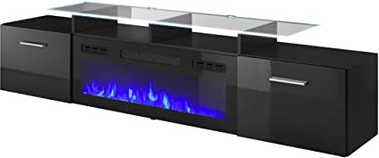 Furniture24 Fernsehschrank Rova mit elektrischem Kamin Lowboard Unterschrank 2 Klappen Schwarz, 197x48x37