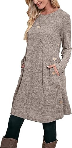 Aokosor Strickkleid Damen Langarm Kleider Pulloverkleid für Damen Tunika Kleid Jumper Kleid mit Knöpfen und Taschen Khaki XL