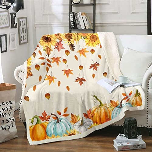 Homewish Herbst Kürbis Decke für Zuhause 75 x 100 Thanksgiving Erntezeit Dekor Sherpadecke Herbst Ahornblatt Decke Werfen für Kinder Teenager Erwachsene Rustikal Farm Sonnenblumen Fleecedecke Weich