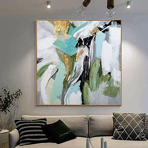 Acrylbilder,Moderne Abstrakte Grüne Bunte Textur Goldfolie Kunstwerk Rahmenlose Original Handgemalte Ölgemälde Auf Leinwand Wandkunst Für Wohnzimmer Schlafzimmer Büro Wohnkultur,90X90Cm(36X36In