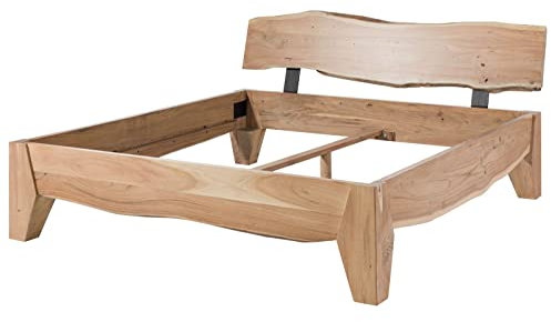 MASSIVMOEBEL24.DE | Pure Acacia massives Holzbett #315 - Natur lackiert | aus Akazien-Holz | mit gewinkeltem Kopfteil | mit Beinen | 200cmx200cm | Massivholzbett Doppelbett