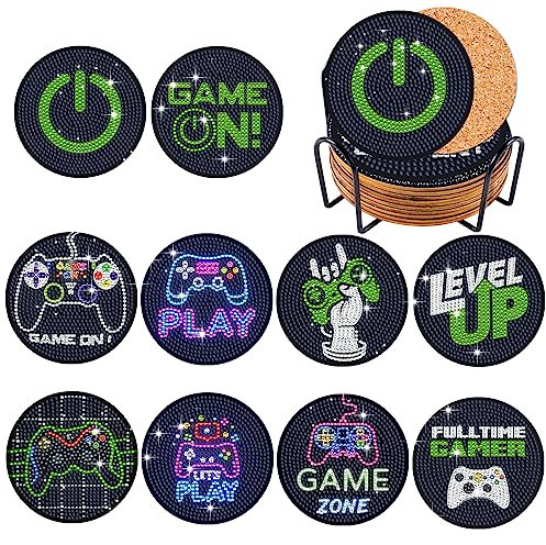 KRUCE 10 PC Spiele Thema Diamant Malerei Untersetzer, Diamant Kunst Untersetzer mit Halter Teetasse und Kork Matte für Anfänger Kinder Erwachsene Kunst Handwerk Zubehör