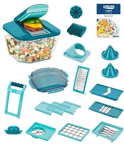 Nicer Dicer Chef Professional Gemüsescheider 23-tlg. Gemüsehobel manuell mit 5.2L großem Auffangbehälter Frischhaltedeckel, Spiraleinsätze, Tomatenschneider, Julienne, Salatschneider mit Rezeptbuch