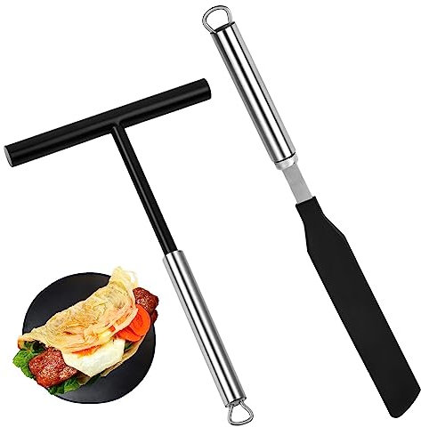 Wisebom Crepe Spreader and Spatula Kit, Stainless Steel Crepe Tools T- Shaped Batter Spreaders Palette Knife for Baking, Turner Pancake Tool Crepe Utensils for Kitchen Home